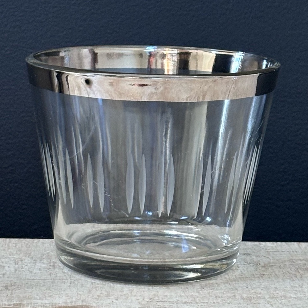 Vintage Silver Rimmed Etched Glass Ice Bucket!!